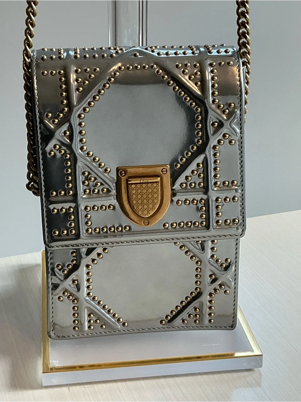 Authentic Christian Dior Diorama Vertical Clutch On Chain Studded Silver Leather